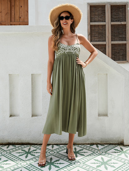 Women's Bohemian Maxi Dress - Breathable Rayon Fabric With Embroidered Bust And Elastic Back, Flowy Skirt In Black, White, And Green