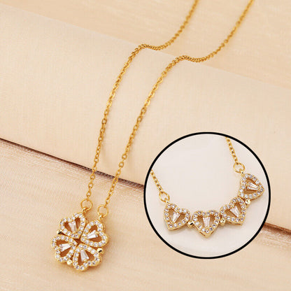 4-Heart Cubic Zirconia Pendant Necklace Folding Four-Leaf Clover Pendant - My Daily Bargainz